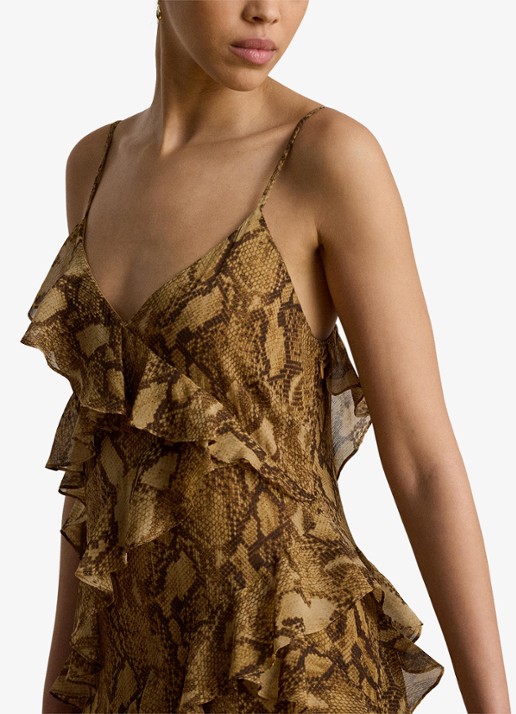 Ralph Lauren Maxi jurk met slangenprint en ruches - detail 3 tan multi / beige