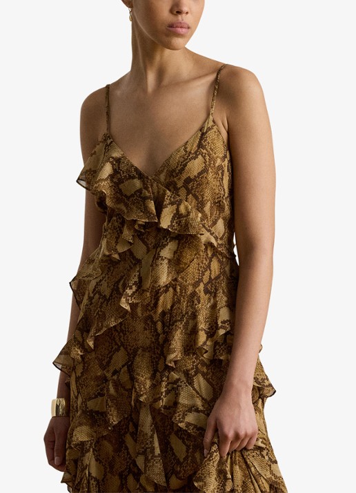 Ralph Lauren Maxi jurk met slangenprint en ruches - detail 4 tan multi / beige