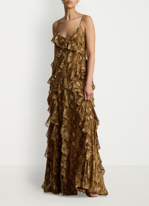 Ralph Lauren Maxi jurk met slangenprint en ruches - voorkant 2 tan multi / beige