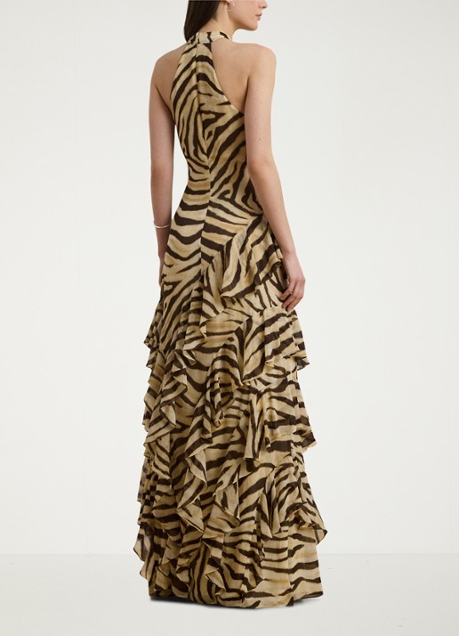 Ralph Lauren Maxi jurk met zebraprint en ruches - achterkant bruin