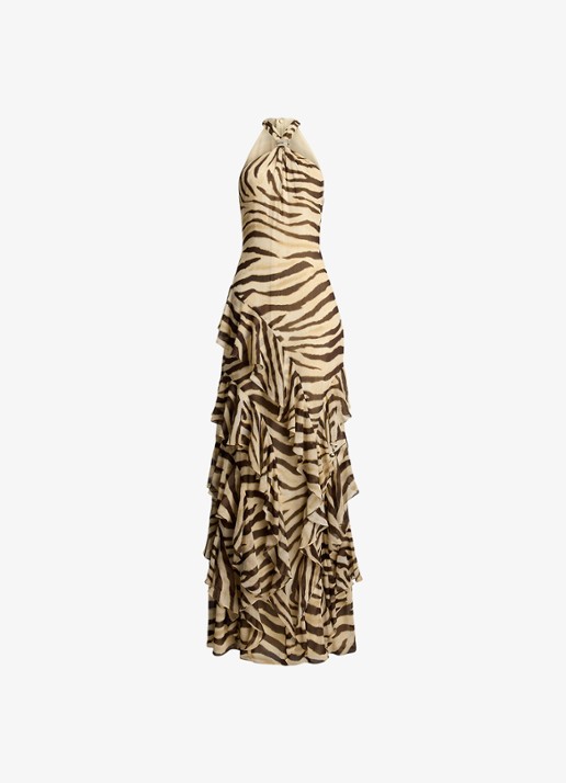Ralph Lauren Maxi jurk met zebraprint en ruches - voorkant 2 bruin