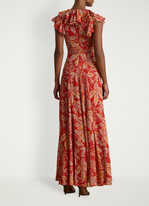 Ralph Lauren Maxi jurk wikkeljurk met bladprint en ruches - achterkant 8 rood