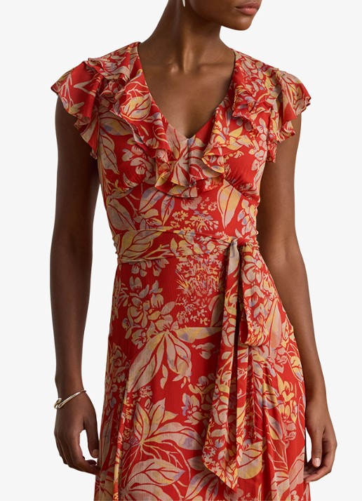 Ralph Lauren Maxi jurk wikkeljurk met bladprint en ruches