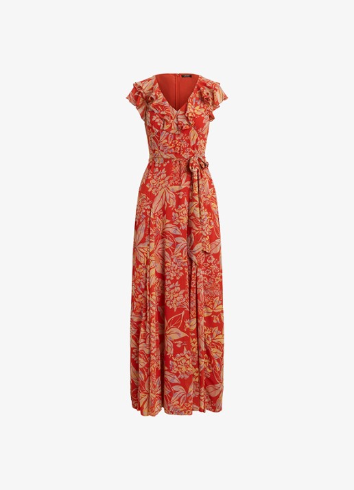 Ralph Lauren Maxi jurk wikkeljurk met bladprint en ruches - voorkant 6 rood