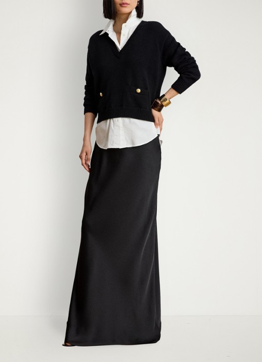 Ralph Lauren Maxi rok van satijn - voorkant 3 zwart