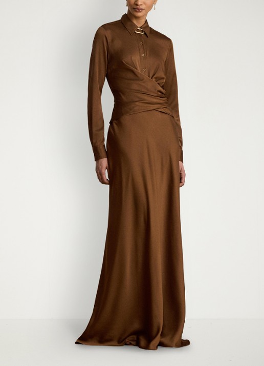 Ralph Lauren Maxi tuniekjurk met plooidetail - voorkant 2 light tobacco / bruin