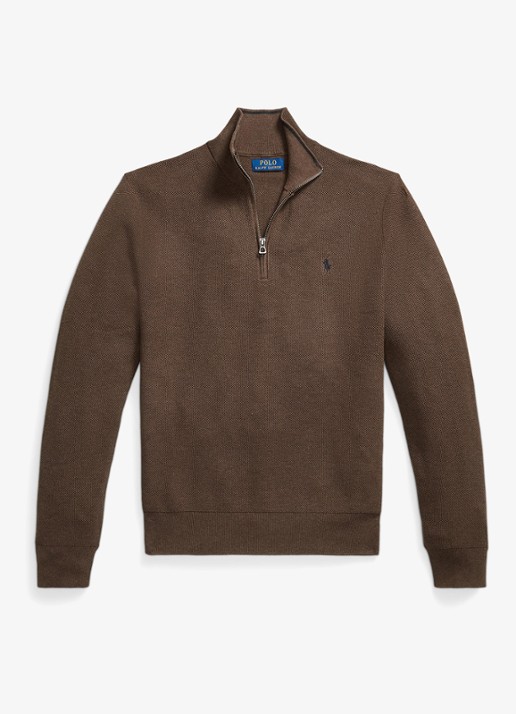 Ralph Lauren Mesh-gebreide katoenen trui met rits - voorkant nutmeg brown / bruin