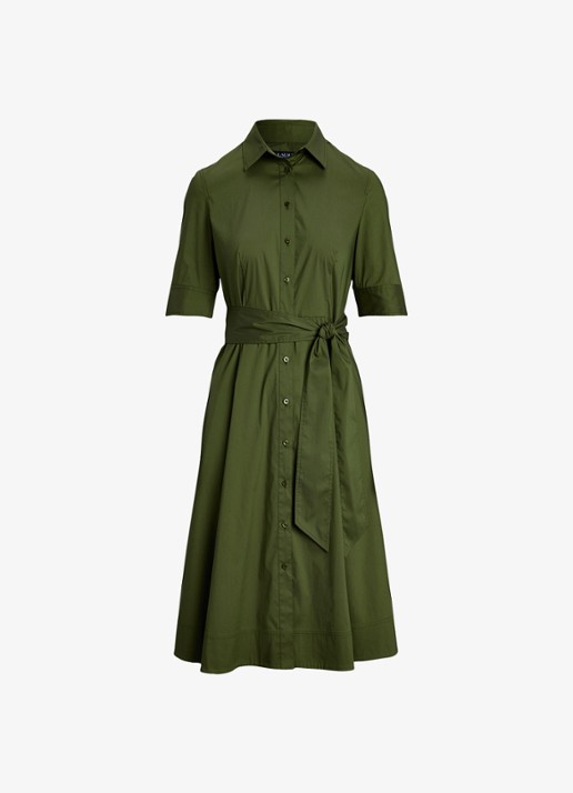 Ralph Lauren Midi blousejurk in katoenblend met strikceintuur - voorkant 4 olive grove / groen