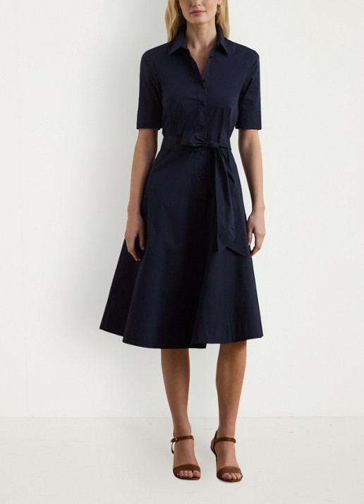 Ralph Lauren Midi blousejurk in katoenblend met strikceintuur - voorkant 2 donkerblauw