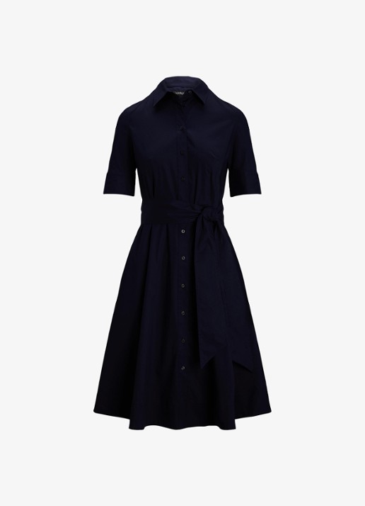 Ralph Lauren Midi blousejurk in katoenblend met strikceintuur - voorkant 3 donkerblauw