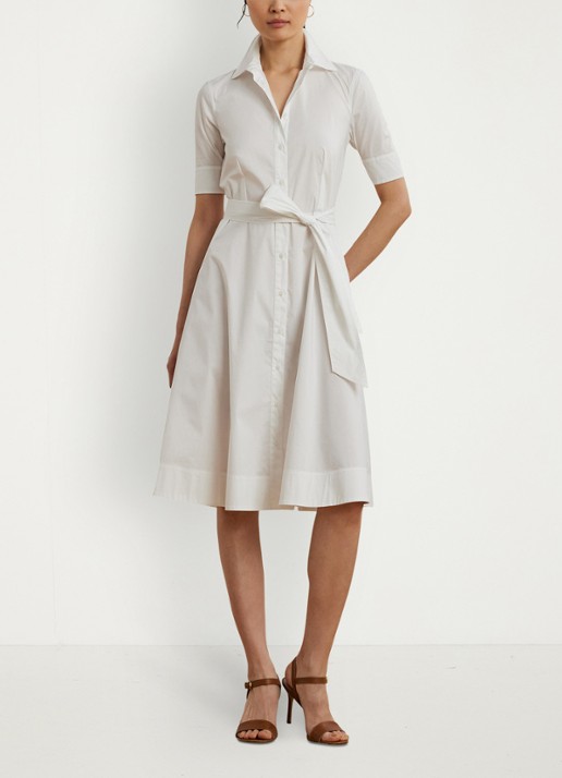 Ralph Lauren Midi blousejurk in katoenblend met strikceintuur