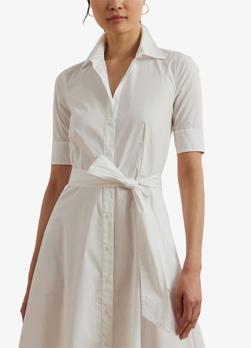 Ralph Lauren Midi blousejurk in katoenblend met strikceintuur - detail 3 white / wit