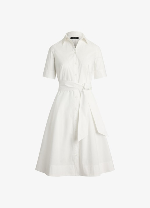 Ralph Lauren Midi blousejurk in katoenblend met strikceintuur - voorkant white / wit