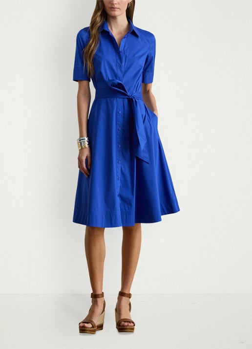 Ralph Lauren Midi blousejurk in katoenblend met strikceintuur