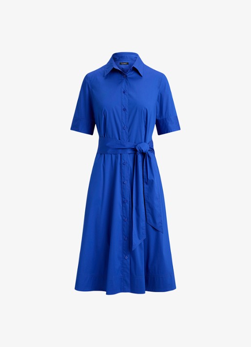 Ralph Lauren Midi blousejurk in katoenblend met strikceintuur - voorkant 4 cruise royal / blauw