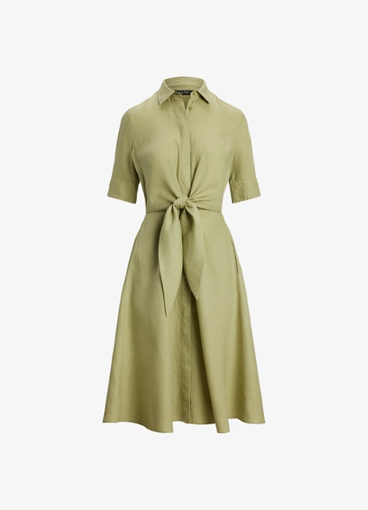 Ralph Lauren Midi blousejurk met gestrikt detail - voorkant light olive / groen