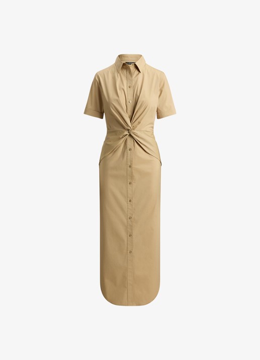 Ralph Lauren Midi blousejurk met plooidetail - voorkant 4 birch tan / beige