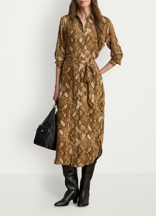 Ralph Lauren Midi blousejurk met slangenprint en ceintuur - voorkant 2 tan multi / beige