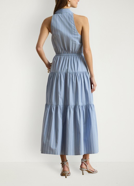 Ralph Lauren Midi blousejurk met streepprint en gestrikt detail - achterkant 4 blue/white multi / blauw