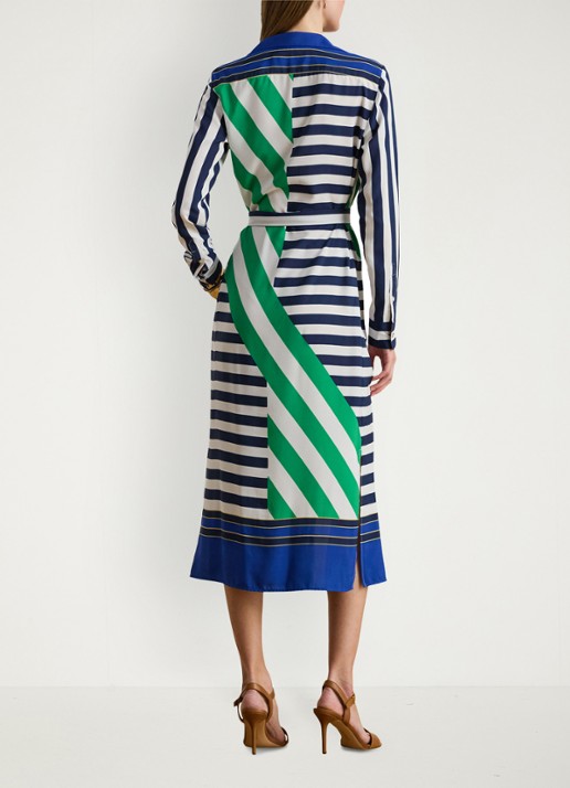 Ralph Lauren Midi blousejurk met streepprint en strikceintuur - achterkant 4 donkerblauw