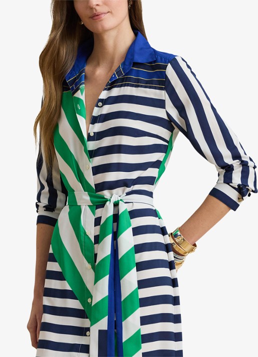 Ralph Lauren Midi blousejurk met streepprint en strikceintuur - detail 3 donkerblauw