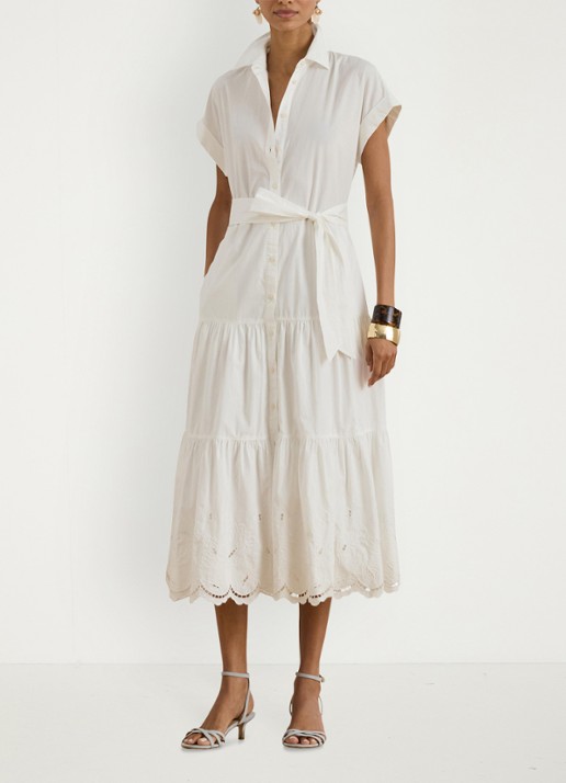 Ralph Lauren Midi blousejurk met strikceintuur - voorkant 2 wit