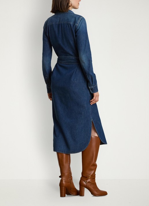 Ralph Lauren Midi blousejurk van chambray met strikceintuur - achterkant atecco wash / indigo