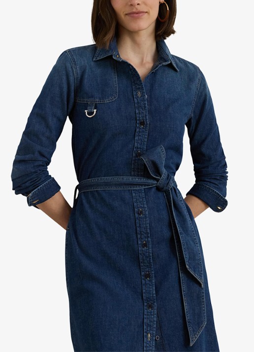 Ralph Lauren Midi blousejurk van chambray met strikceintuur - detail 2 atecco wash / indigo