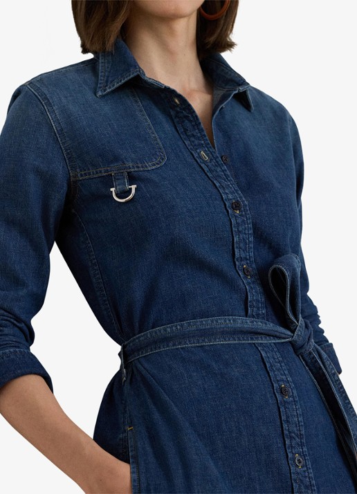 Ralph Lauren Midi blousejurk van chambray met strikceintuur - detail 3 atecco wash / indigo