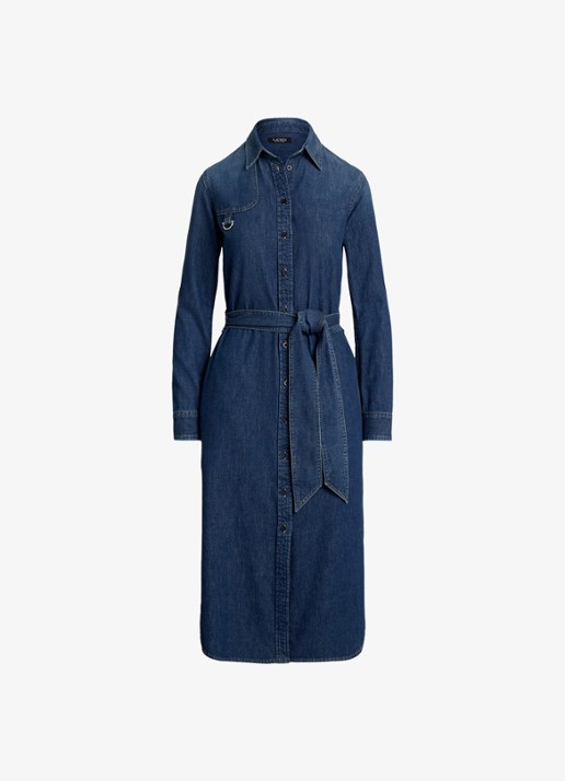 Ralph Lauren Midi blousejurk van chambray met strikceintuur - voorkant 4 atecco wash / indigo