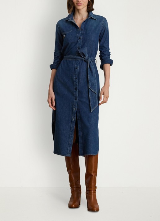 Ralph Lauren Midi blousejurk van chambray met strikceintuur - voorkant 5 atecco wash / indigo