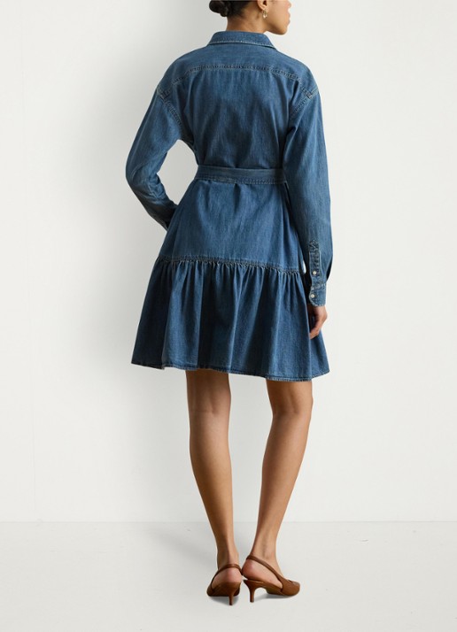 Ralph Lauren Midi blousejurk van chambray met strikceintuur - achterkant galvin wash / blauw