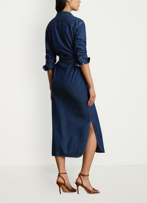 Ralph Lauren Midi blousejurk van denim met strikceintuur - achterkant 5 harvest wash / blauw