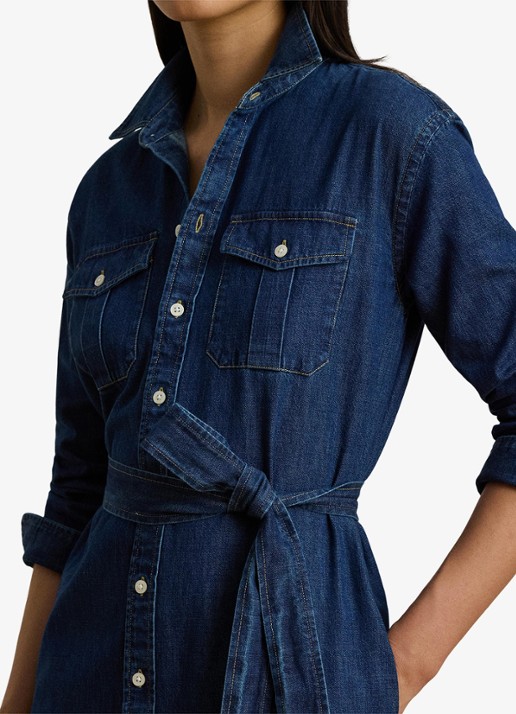 Ralph Lauren Midi blousejurk van denim met strikceintuur - detail 3 harvest wash / blauw