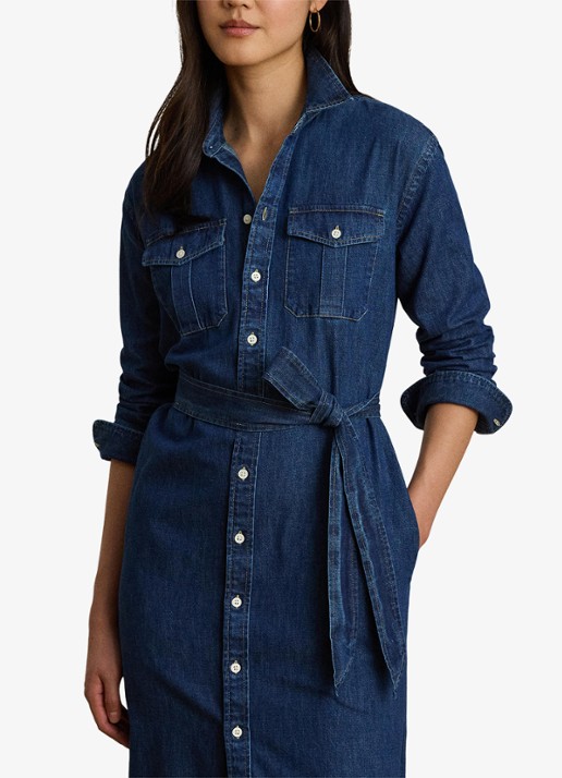 Ralph Lauren Midi blousejurk van denim met strikceintuur - detail 4 harvest wash / blauw