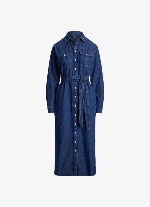 Ralph Lauren Midi blousejurk van denim met strikceintuur - voorkant harvest wash / blauw