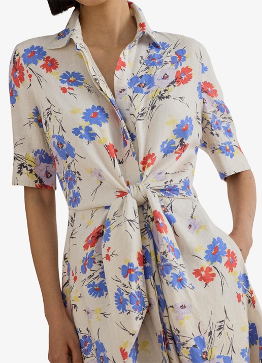 Ralph Lauren Midi blousejurk van linnen met bloemenprint - detail 4 cream multi / creme