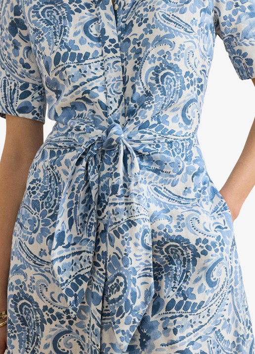 Ralph Lauren Midi blousejurk van linnen met paisley dessin en geknoopt detail - detail 3 white/blue / blauw