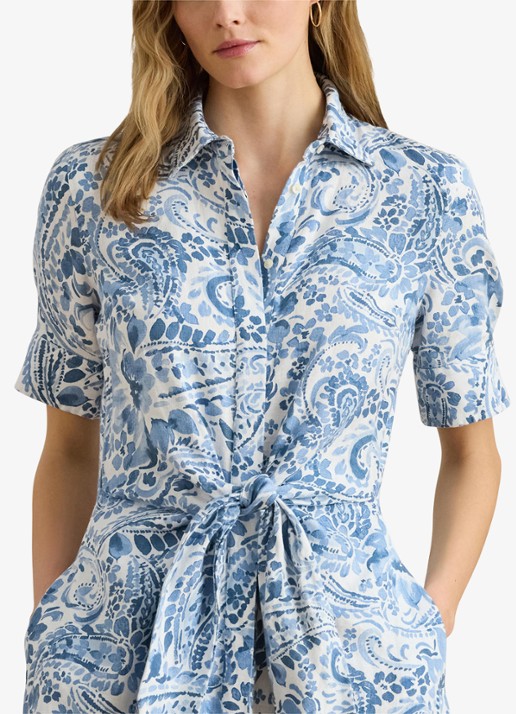 Ralph Lauren Midi blousejurk van linnen met paisley dessin en geknoopt detail - detail 4 white/blue / blauw