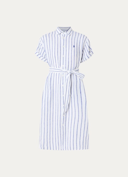 Ralph Lauren Midi blousejurk van linnen met strikceintuur - voorkant 3 gebroken wit