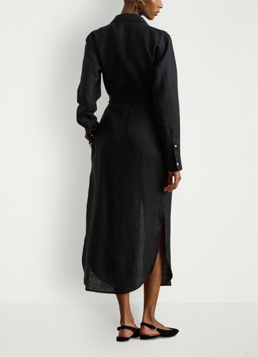 Ralph Lauren Midi blousejurk van linnen met strikceintuur - achterkant 5 black / zwart