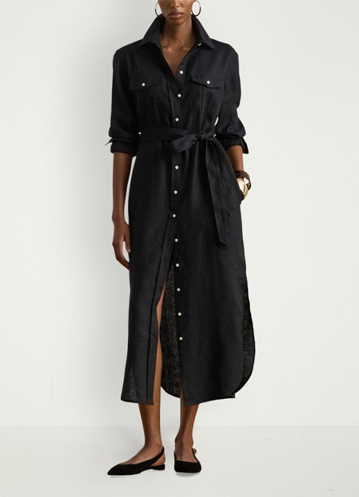 Ralph Lauren Midi blousejurk van linnen met strikceintuur - voorkant 4 black / zwart