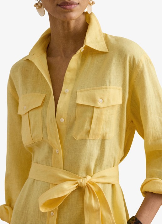 Ralph Lauren Midi blousejurk van linnen met strikceintuur - detail 2 lemon sorbet / geel
