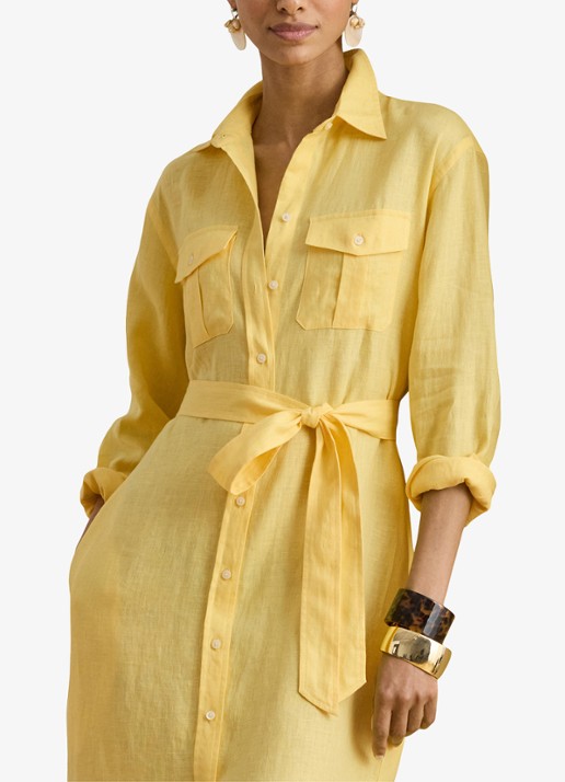 Ralph Lauren Midi blousejurk van linnen met strikceintuur - detail 3 lemon sorbet / geel