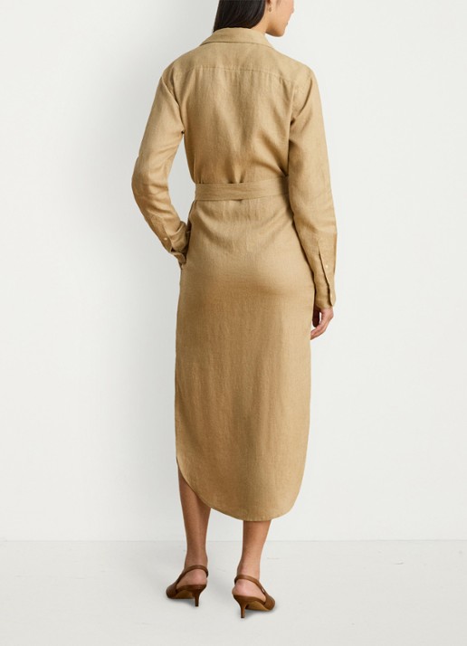 Ralph Lauren Midi blousejurk van linnen met strikceintuur - achterkant birch tan / beige