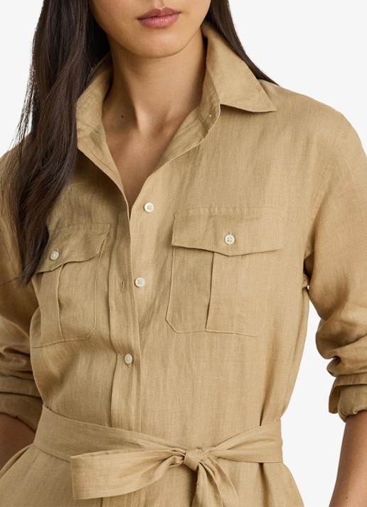 Ralph Lauren Midi blousejurk van linnen met strikceintuur - detail 4 birch tan / beige