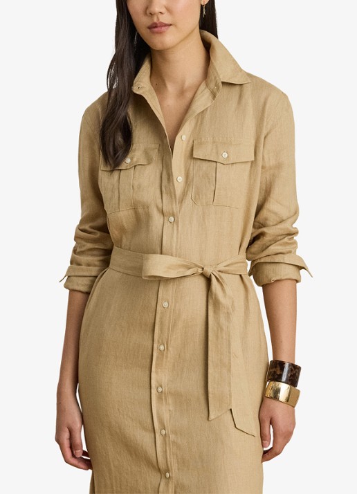 Ralph Lauren Midi blousejurk van linnen met strikceintuur - detail 5 birch tan / beige