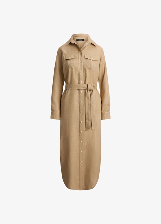 Ralph Lauren Midi blousejurk van linnen met strikceintuur - voorkant 2 birch tan / beige