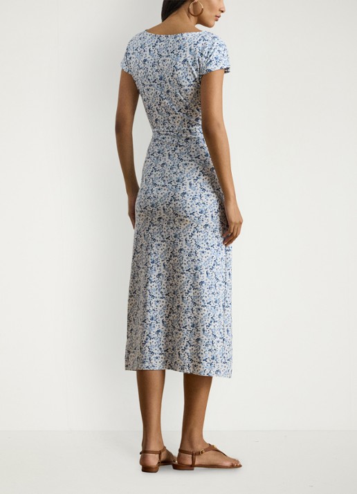 Ralph Lauren Midi jurk met bloemenprint en geknoopt detail - achterkant white/blue / blauw