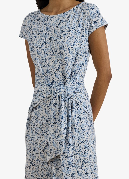 Ralph Lauren Midi jurk met bloemenprint en geknoopt detail - detail 3 white/blue / blauw